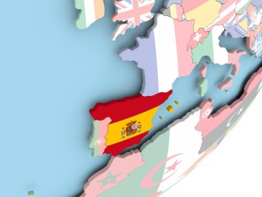 İspanya Illustration katıştırılmış bayrak ile siyasi dünya üzerinde. 3D çizim.