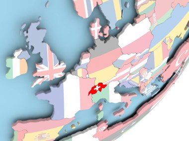 İsviçre Illustration katıştırılmış bayrak ile siyasi dünya üzerinde. 3D çizim.