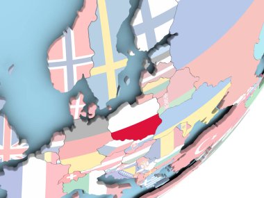 Polonya resmi katıştırılmış bayrak ile siyasi dünya üzerinde. 3D çizim.