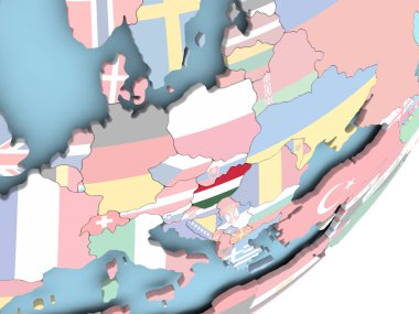 Macaristan Illustration katıştırılmış bayrak ile siyasi dünya üzerinde. 3D çizim.