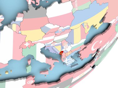 Karadağ Illustration katıştırılmış bayrak ile siyasi dünya üzerinde. 3D çizim.