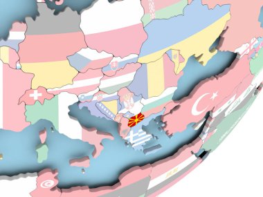 Makedonya Illustration katıştırılmış bayrak ile siyasi dünya üzerinde. 3D çizim.