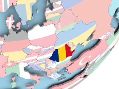 Romanya Illustration katıştırılmış bayrak ile siyasi dünya üzerinde. 3D çizim.