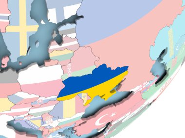 Ukrayna Illustration katıştırılmış bayrak ile siyasi dünya üzerinde. 3D çizim.