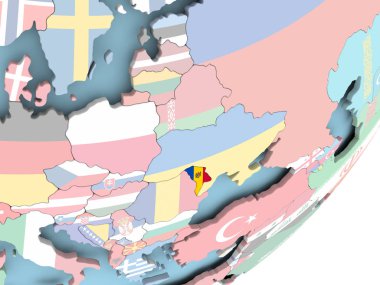 Moldova resmi katıştırılmış bayrak ile siyasi dünya üzerinde. 3D çizim.