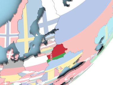 Beyaz Rusya Illustration katıştırılmış bayrak ile siyasi dünya üzerinde. 3D çizim.