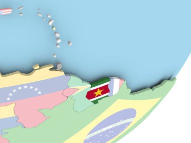 Surinam Illustration katıştırılmış bayrak ile siyasi dünya üzerinde. 3D çizim.