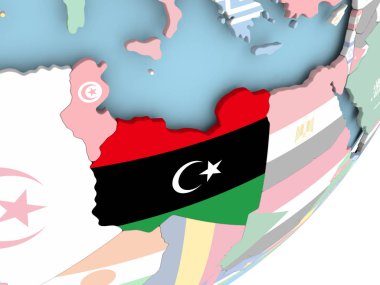Libya Illustration katıştırılmış bayrak ile siyasi dünya üzerinde. 3D çizim.