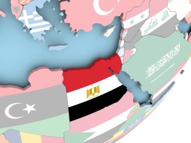 Mısır resmi katıştırılmış bayrak ile siyasi dünya üzerinde. 3D çizim.