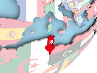 Tunus Illustration katıştırılmış bayrak ile siyasi dünya üzerinde. 3D çizim.
