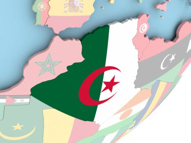 Cezayir Illustration katıştırılmış bayrak ile siyasi dünya üzerinde. 3D çizim.