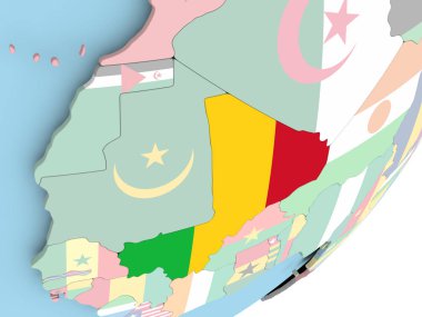Mali Illustration katıştırılmış bayrak ile siyasi dünya üzerinde. 3D çizim.