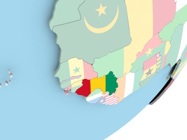 Gine Illustration katıştırılmış bayrak ile siyasi dünya üzerinde. 3D çizim.