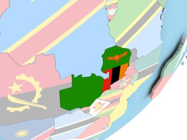 Zambiya Illustration katıştırılmış bayrak ile siyasi dünya üzerinde. 3D çizim.