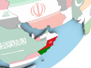 Umman Illustration katıştırılmış bayrak ile siyasi dünya üzerinde. 3D çizim.