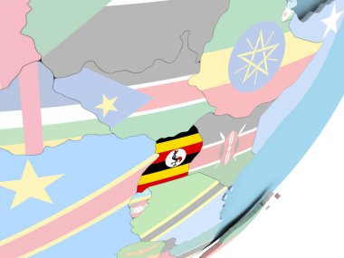 Uganda Illustration katıştırılmış bayrak ile siyasi dünya üzerinde. 3D çizim.