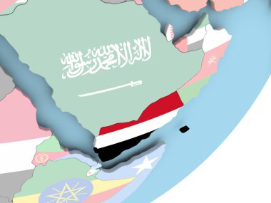 Yemen Illustration katıştırılmış bayrak ile siyasi dünya üzerinde. 3D çizim.