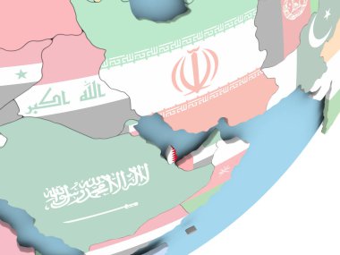 Katıştırılmış bayrak ile siyasi dünya üzerinde resimde katar. 3D çizim.