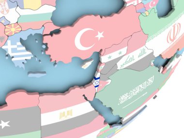 İsrail Illustration katıştırılmış bayrak ile siyasi dünya üzerinde. 3D çizim.