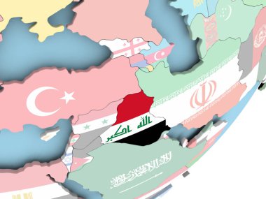 Irak Illustration katıştırılmış bayrak ile siyasi dünya üzerinde. 3D çizim.