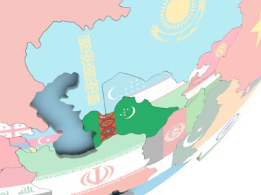 Türkmenistan Illustration katıştırılmış bayrak ile siyasi dünya üzerinde. 3D çizim.