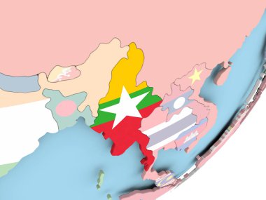 Myanmar Illustration katıştırılmış bayrak ile siyasi dünya üzerinde. 3D çizim.