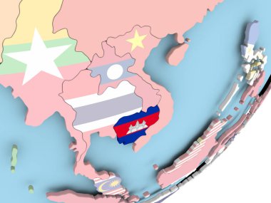 Kamboçya Illustration katıştırılmış bayrak ile siyasi dünya üzerinde. 3D çizim.