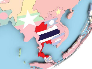 Tayland Illustration katıştırılmış bayrak ile siyasi dünya üzerinde. 3D çizim.