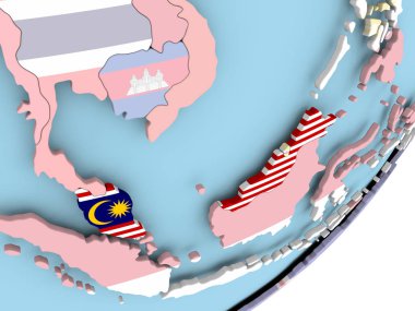 Malezya Illustration katıştırılmış bayrak ile siyasi dünya üzerinde. 3D çizim.