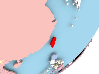 Tayvan resmi katıştırılmış bayrak ile siyasi dünya üzerinde. 3D çizim.