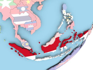 Endonezya resmi katıştırılmış bayrak ile siyasi dünya üzerinde. 3D çizim.