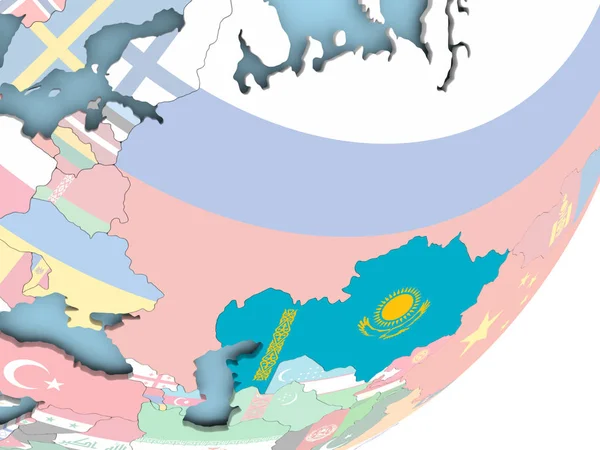 Kazakistan Illustration katıştırılmış bayrak ile siyasi dünya üzerinde. 3D çizim.