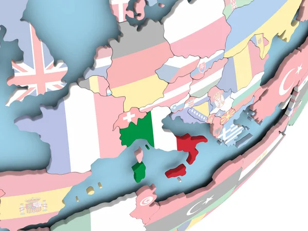 Illustration of Italy on political globe with embedded flag. 3D illustration.