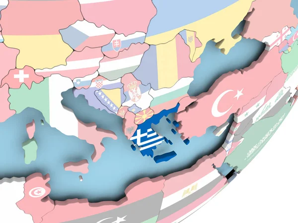 Yunanistan resmi katıştırılmış bayrak ile siyasi dünya üzerinde. 3D çizim.