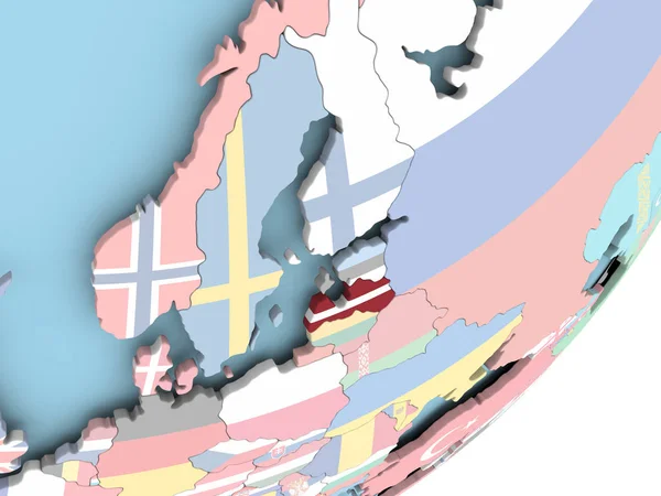 拉脱维亚的嵌入式旗政治地球仪上的插图 — 图库照片