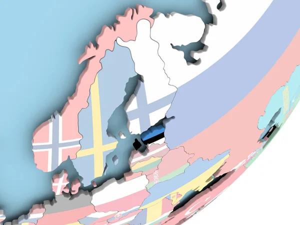 爱沙尼亚的嵌入式旗政治地球仪上的插图 — 图库照片