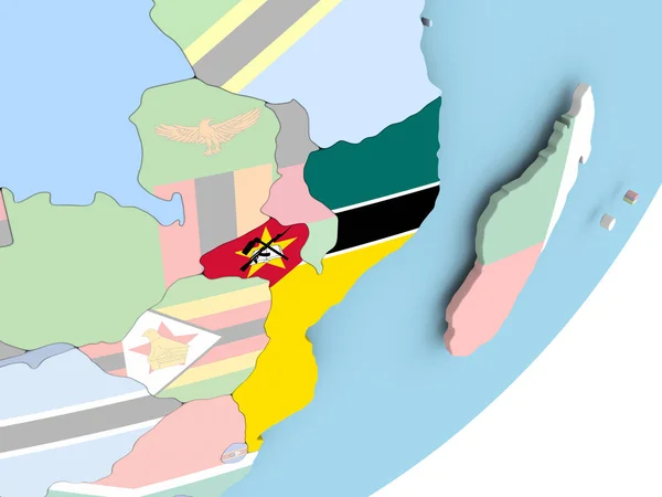 莫桑比克的嵌入式旗政治地球仪上的插图 — 图库照片