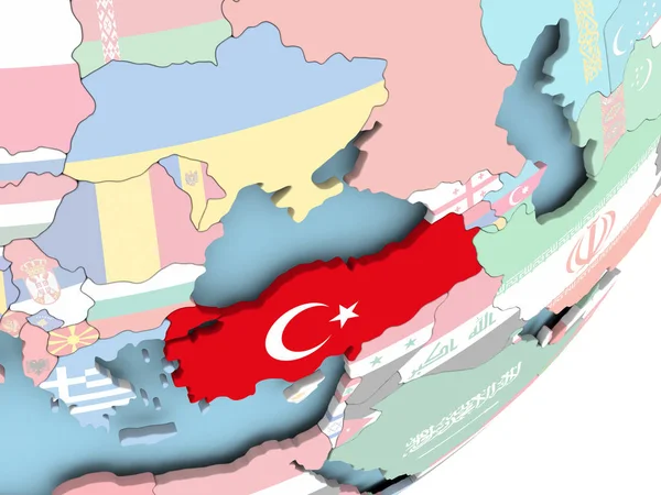 Türkiye'de resmi katıştırılmış bayrak ile siyasi dünya üzerinde. 3D çizim.