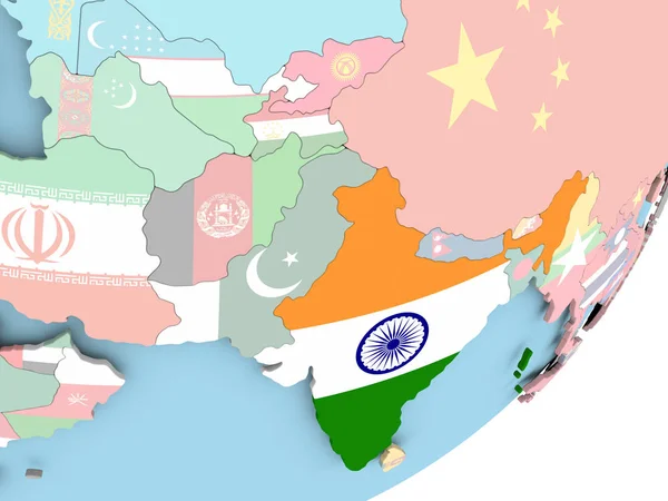 Illustration of India on political globe with embedded flag. 3D illustration.