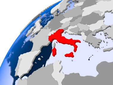 İtalya görünür ülke sınırları ve şeffaf okyanuslar ile basit siyasi dünya üzerinde. 3D çizim.