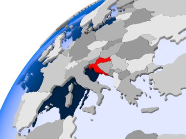 Hırvatistan görünür ülke sınırları ve şeffaf okyanuslar ile basit siyasi dünya üzerinde. 3D çizim.