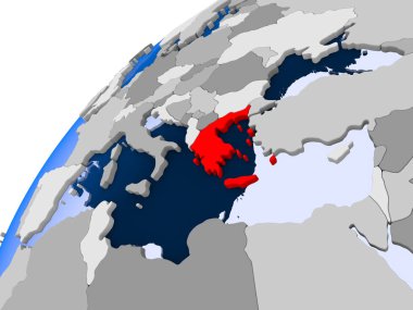 Yunanistan görünür ülke sınırları ve şeffaf okyanuslar ile basit siyasi dünya üzerinde. 3D çizim.