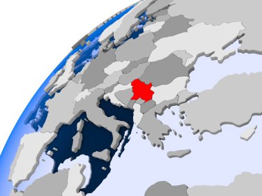 Sırbistan görünür ülke sınırları ve şeffaf okyanuslar ile basit siyasi dünya üzerinde. 3D çizim.