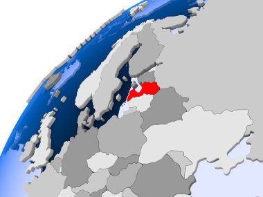 Letonya görünür ülke sınırları ve şeffaf okyanuslar ile basit siyasi dünya üzerinde. 3D çizim.