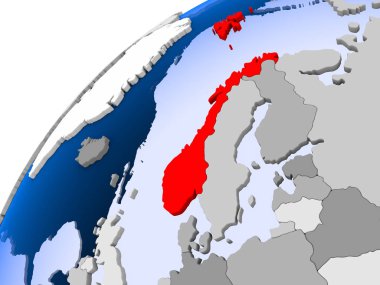 Norveç görünür ülke sınırları ve şeffaf okyanuslar ile basit siyasi dünya üzerinde. 3D çizim.