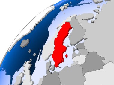 İsveç görünür ülke sınırları ve şeffaf okyanuslar ile basit siyasi dünya üzerinde. 3D çizim.
