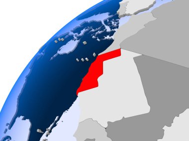 Batı Sahra görünür ülke sınırları ve şeffaf okyanuslar ile basit siyasi dünya üzerinde. 3D çizim.