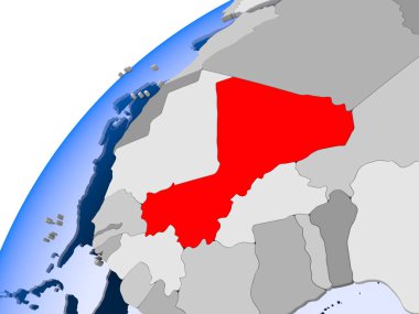 Mali görünür ülke sınırları ve şeffaf okyanuslar ile basit siyasi dünya üzerinde. 3D çizim.