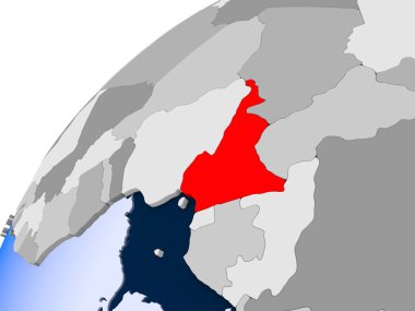 Kamerun görünür ülke sınırları ve şeffaf okyanuslar ile basit siyasi dünya üzerinde. 3D çizim.