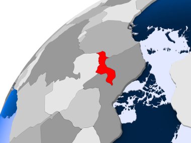 Malavi görünür ülke sınırları ve şeffaf okyanuslar ile basit siyasi dünya üzerinde. 3D çizim.